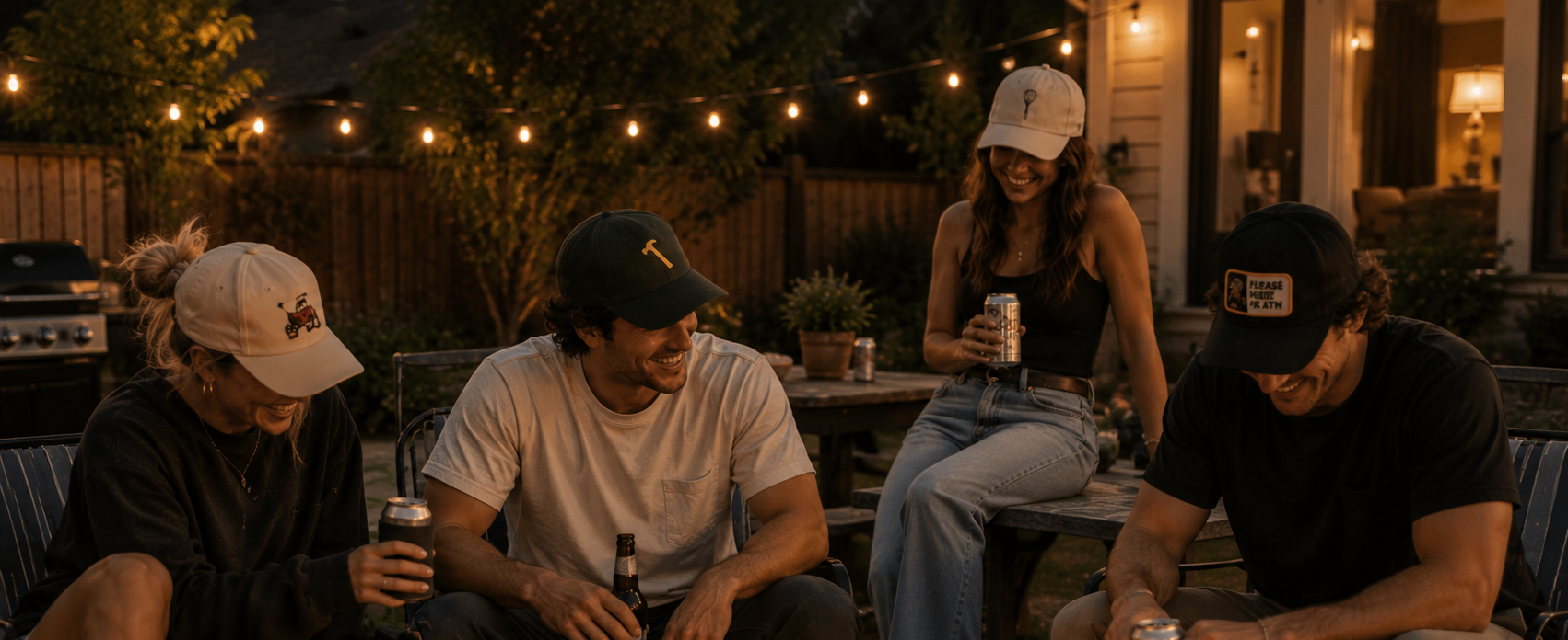 Four friends gathered around a fire pit at night in a backyard patio setting, wearing casual t-shirts and caps, with warm string lights and candles in the background.